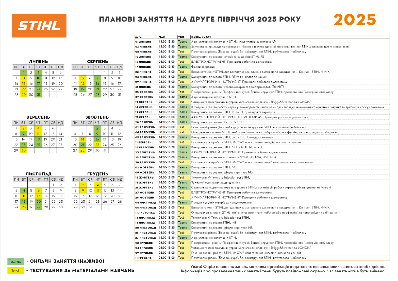Календар технічних навчань STIHL 2025