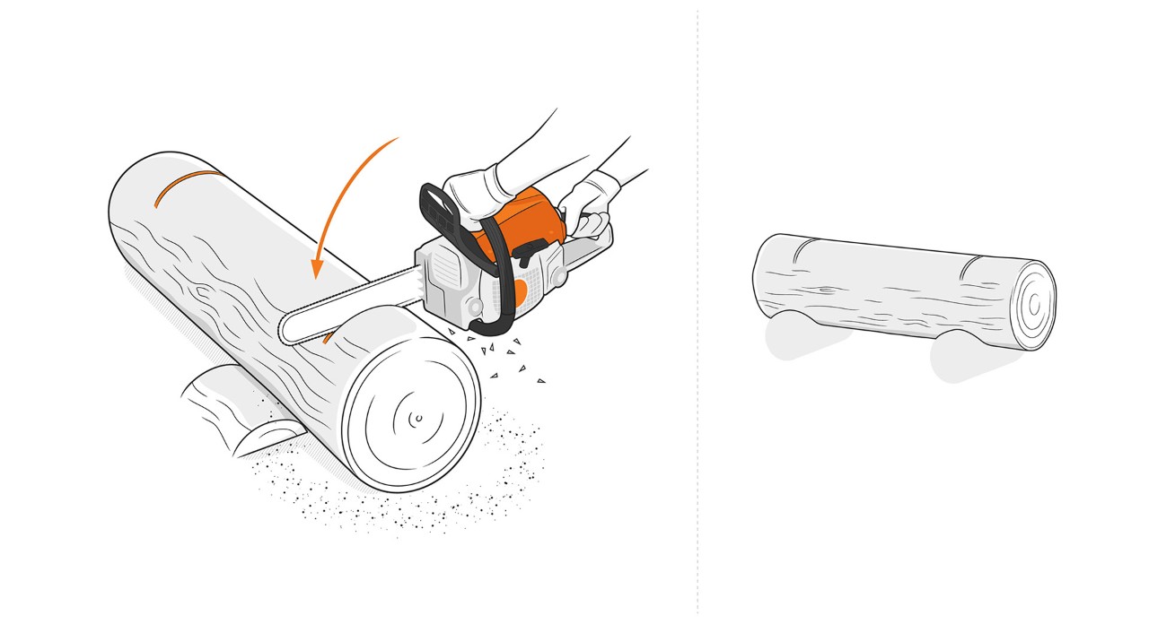 Illustration: Stirnkanten eines Holzstamms werden mit STIHL Motorsäge eingesägt, um Pflanztrog selber zu bauen