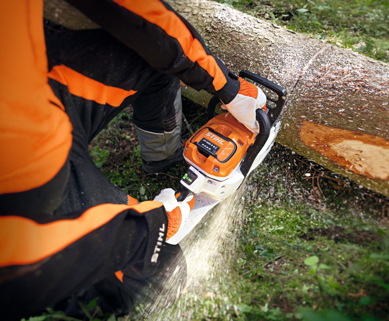 Крупним планом хтось розпилює стовбур дерева акумуляторною мотопилою STIHL MSA 300