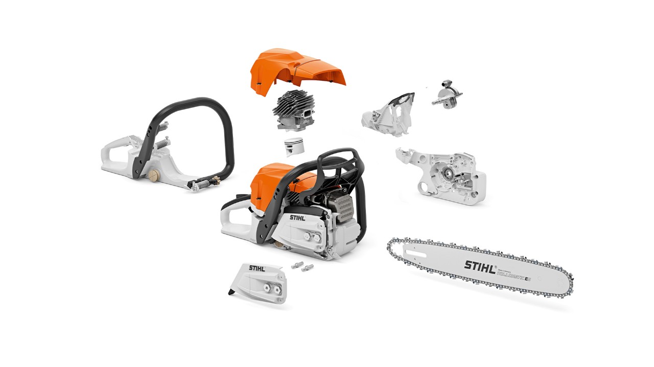 Бензопилка STIHL MS 400 C-M з поршнями з магнієвого сплаву в розібраному вигляді.