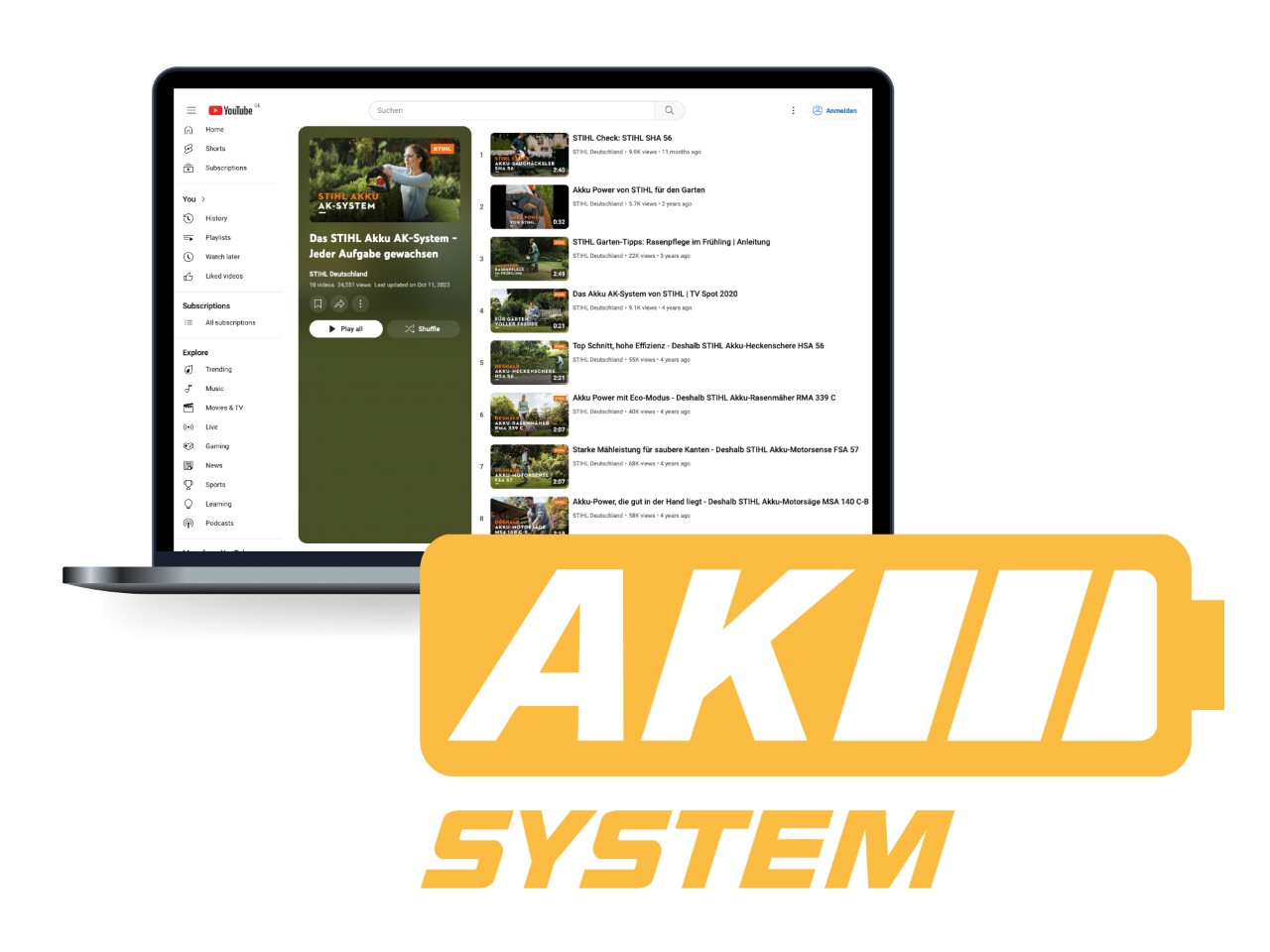 Логотип STIHL AK System у вигляді жовтої іконки акумулятора, на задньому плані — ноутбук